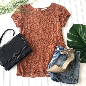 Loft lace burnt orange short sleeve top